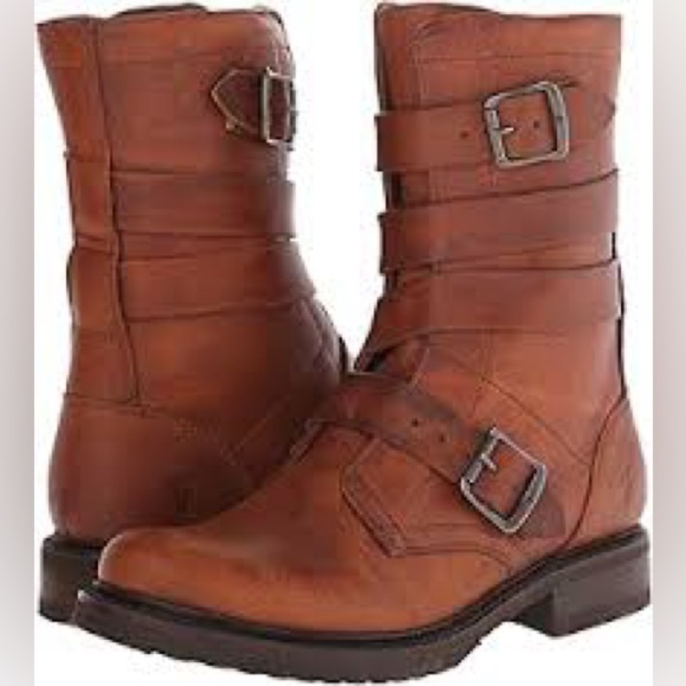Frye “Tanker” Leather Buckle Boots